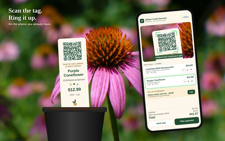 The phone checkout scanning the QR code on a coneflower pot stake