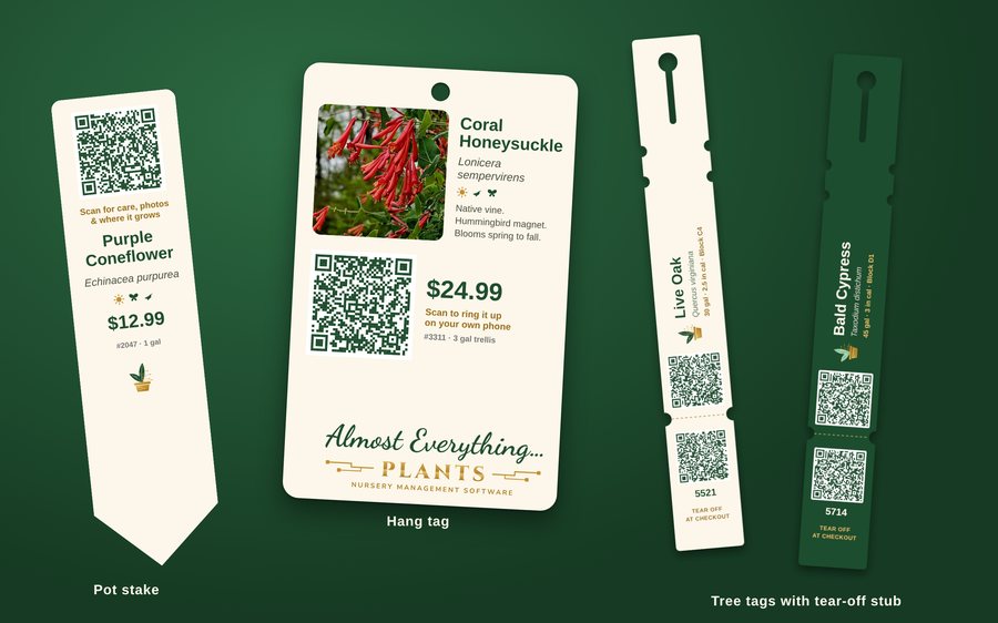 Almost Everything smart plant tags: a pot stake, a hang tag and two tree tags, each with a QR code