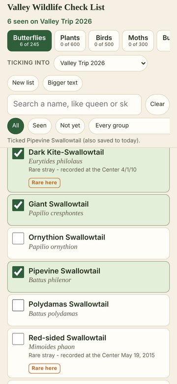 Chlorophyll on a phone: a butterfly checklist with species ticked off (sample names)